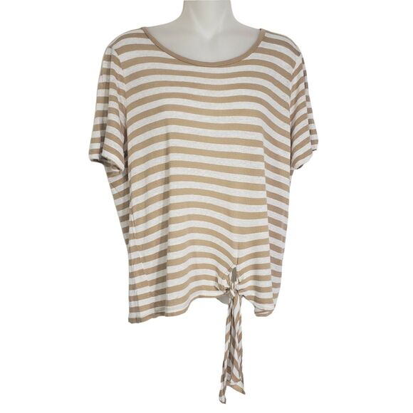 Michael Kors Women's Top Large Striped Linen Blend Beige Front Tie Short Sleeve - Picture 1 of 10